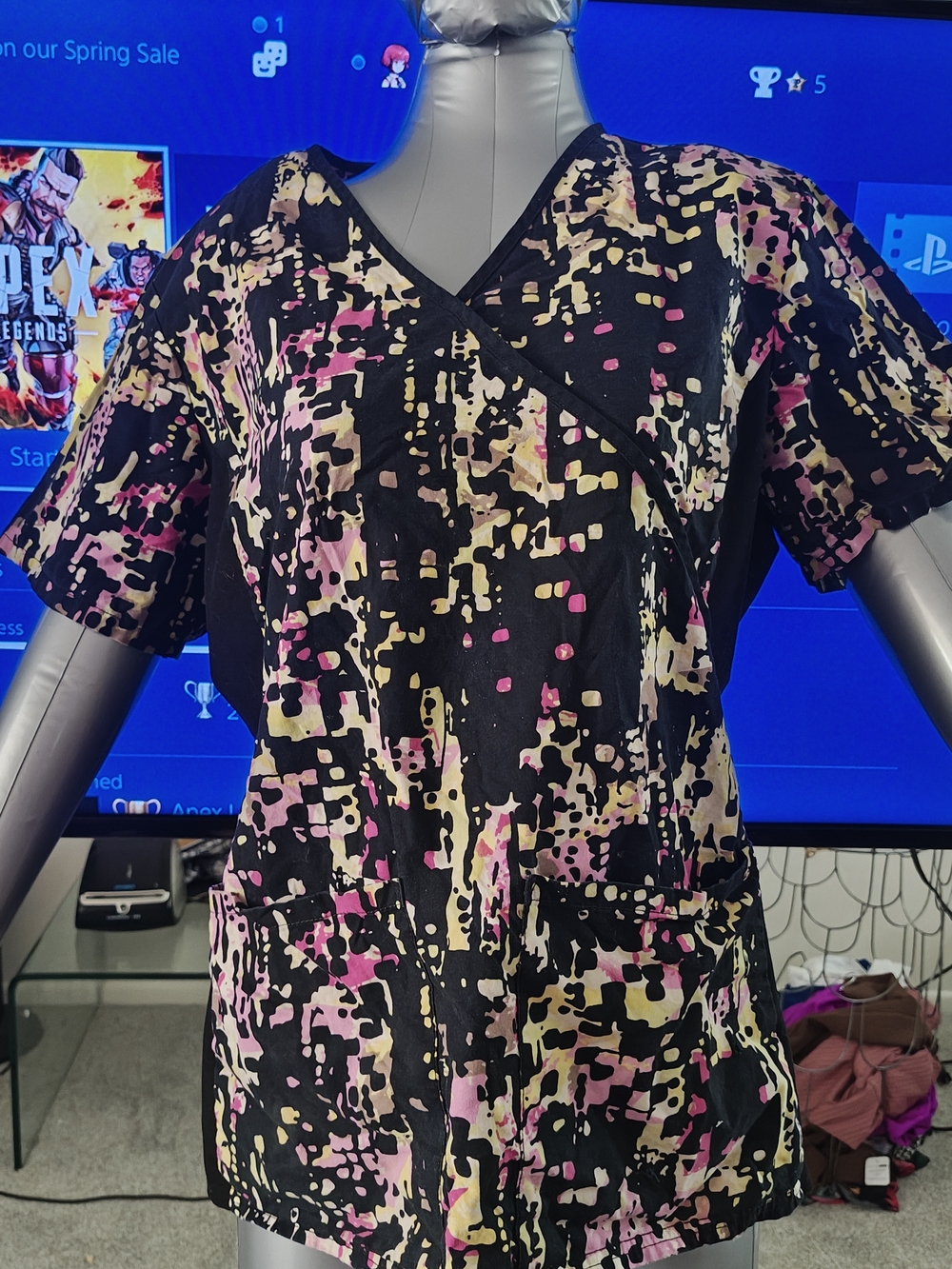 Black Abstract Print Scrub Top with Pink & Cream Splatter